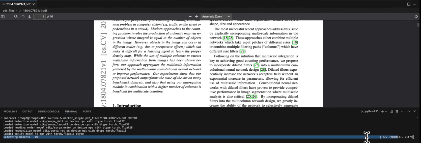 Marker processing academic PDF showing terminal output and model loading