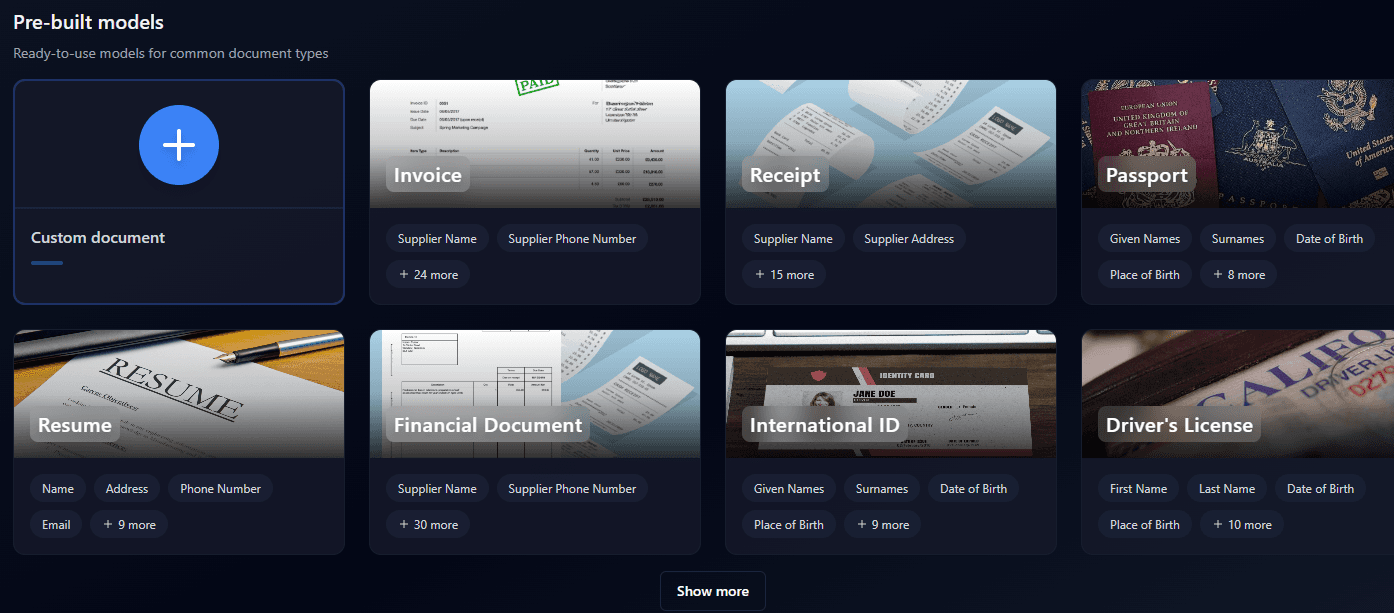 Mindee pre-built models gallery showing Invoice, Receipt, Passport, Resume - each a separate API
