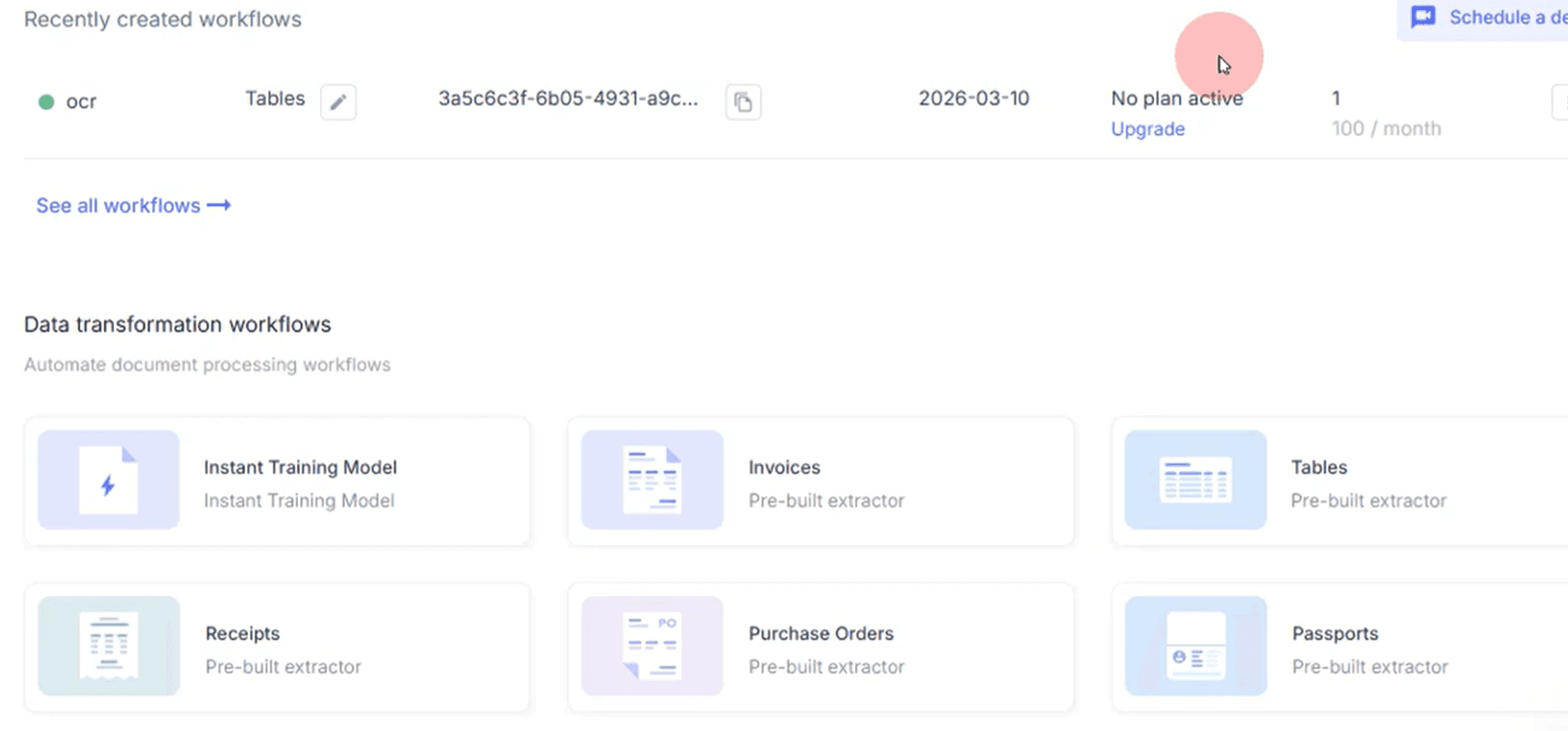 Nanonets dashboard showing pre-built workflows for Invoices, Tables, Receipts - ops-centric design