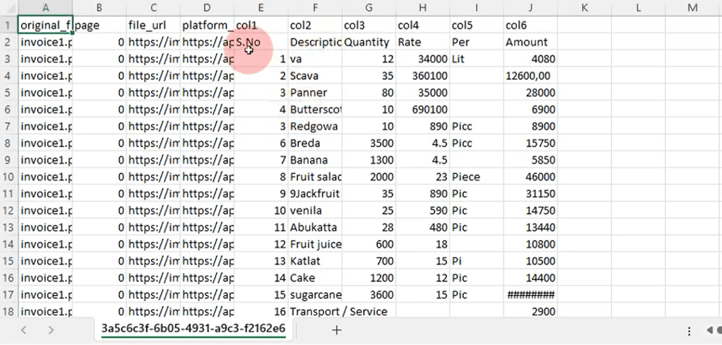 Nanonets Excel output showing extracted invoice line items data