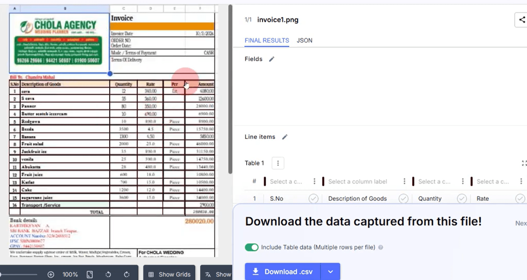 Nanonets extraction UI showing invoice with line items - requires model training first