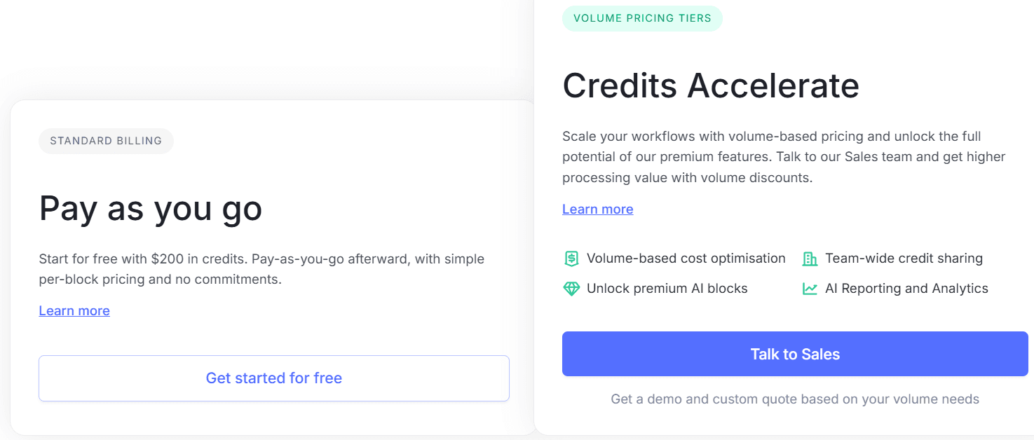 Nanonets pricing showing Pay as you go with $200 credits and Volume Pricing requiring sales call