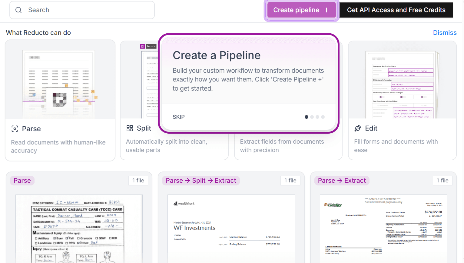 Reducto dashboard showing pipeline creation and document workflows