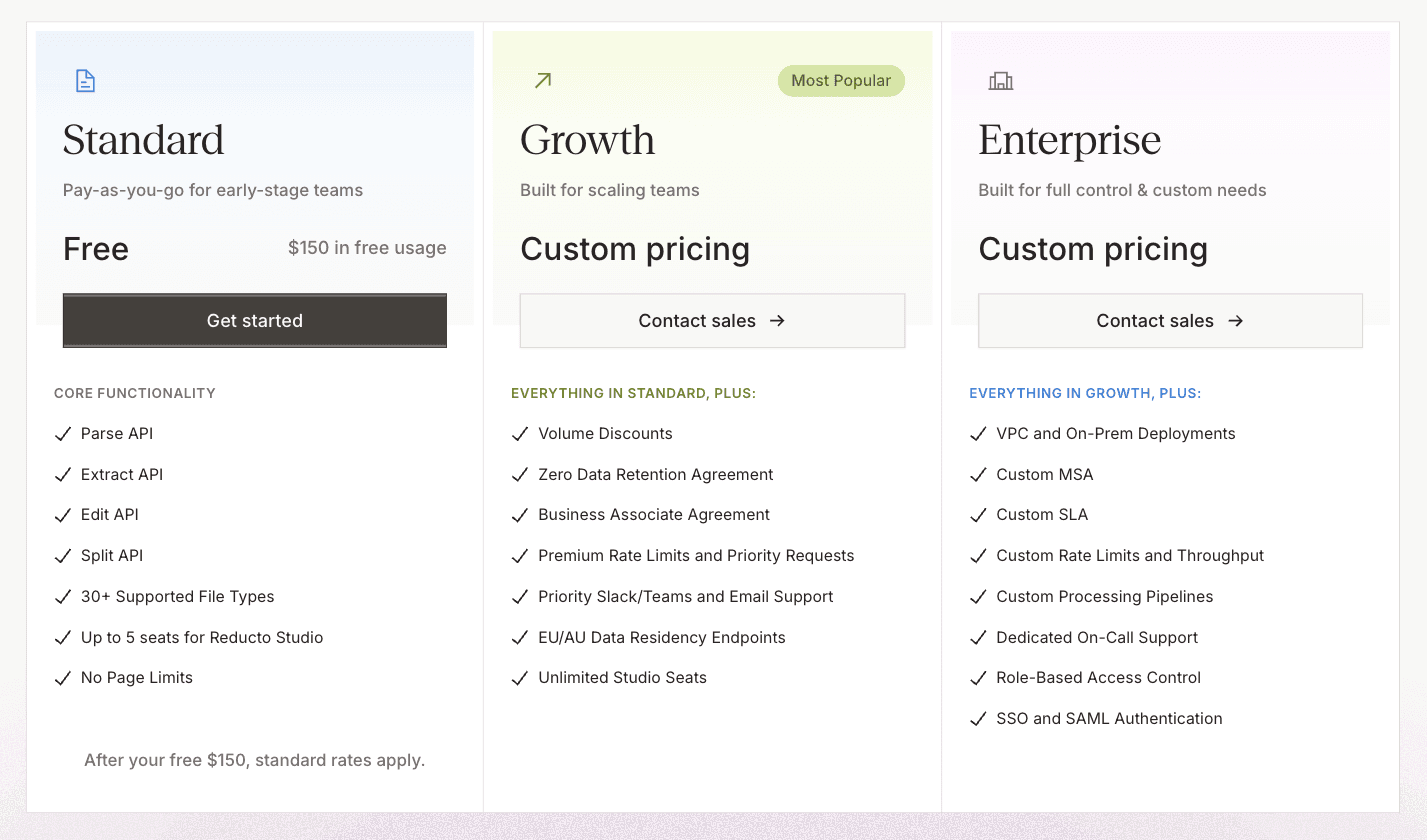 Reducto pricing page showing Standard, Growth, and Enterprise tiers