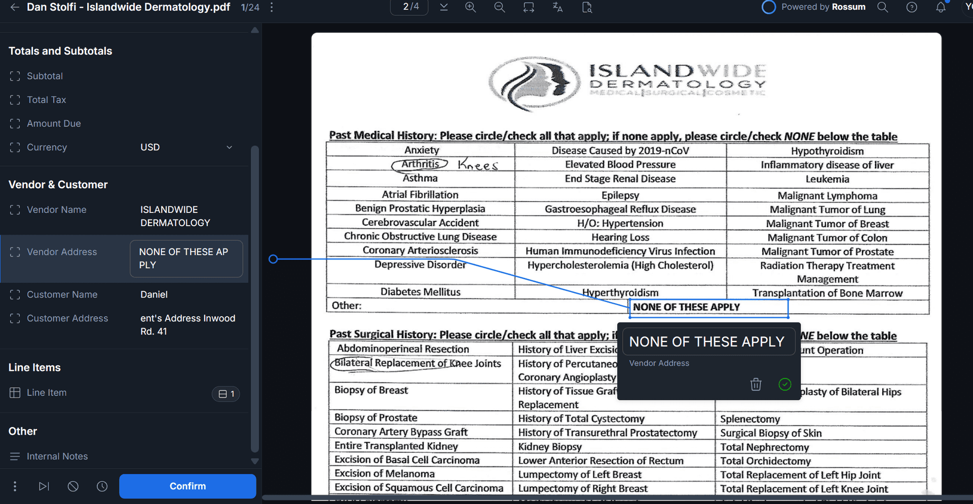 Rossum extraction UI showing medical form forced into invoice-style fields - AP-only design