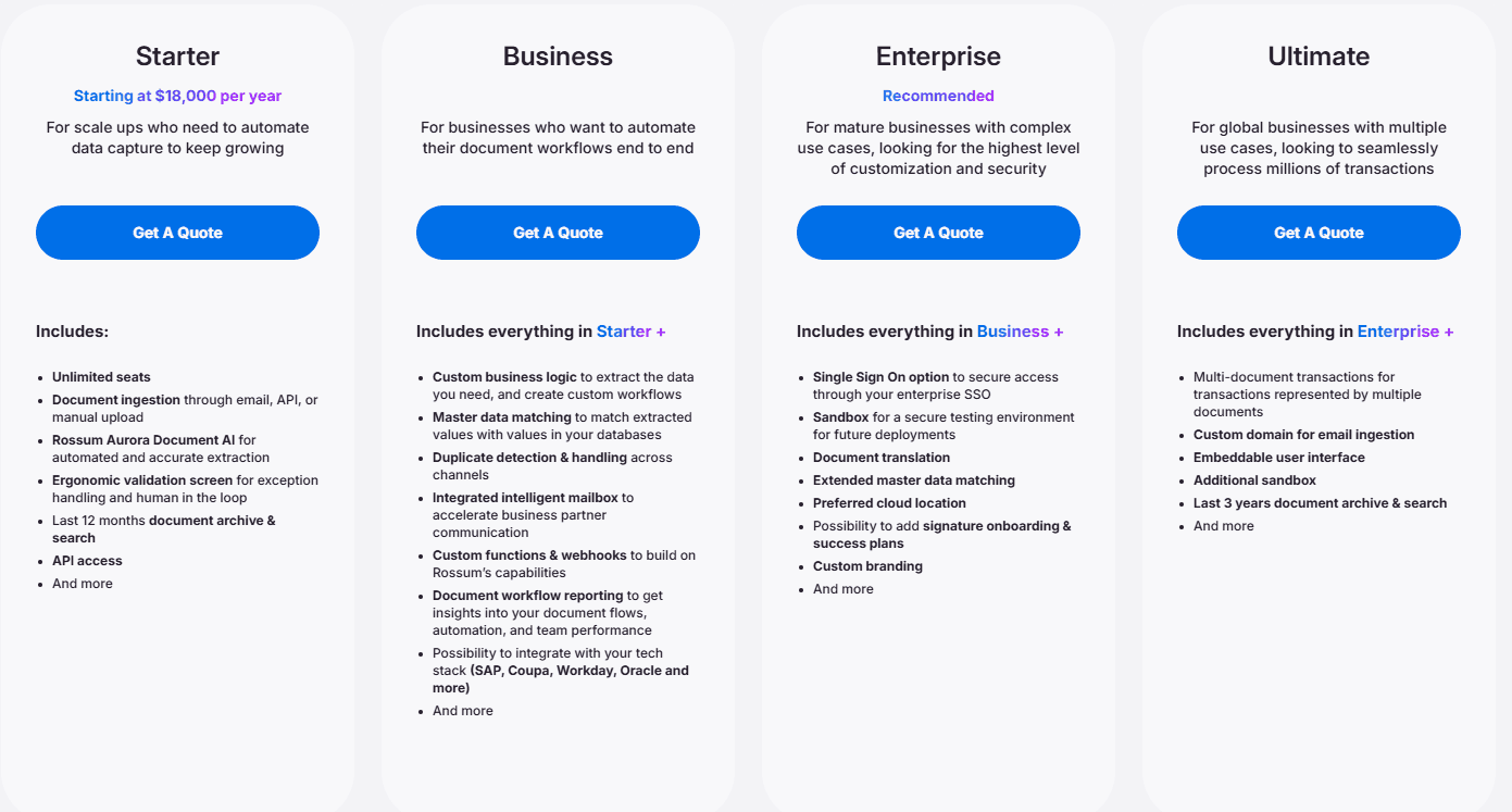 Rossum pricing showing Starter at $18,000/year - all tiers require Get A Quote