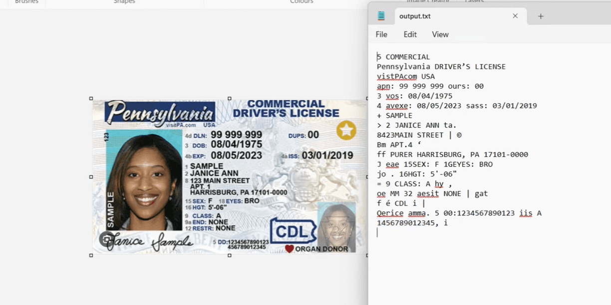 Tesseract OCR output showing garbled raw text from driver's license - no structure, just characters