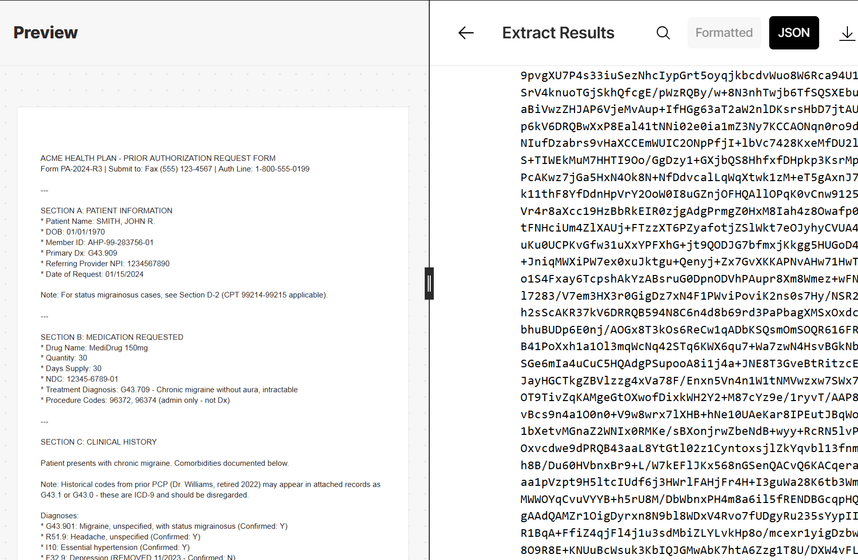 Unstructured extract results showing document preview and JSON output
