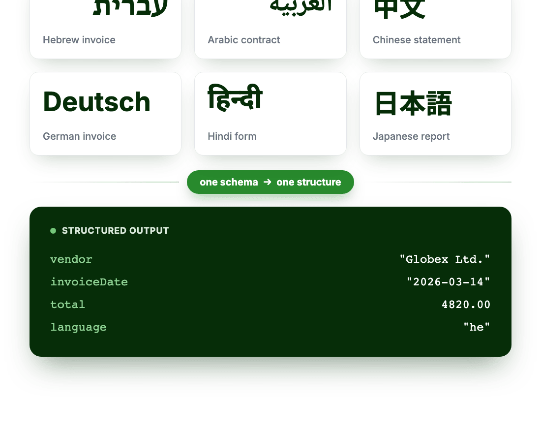 Documents in Hebrew, Arabic, Chinese, German, Hindi, and Japanese extracted into one structured-data format