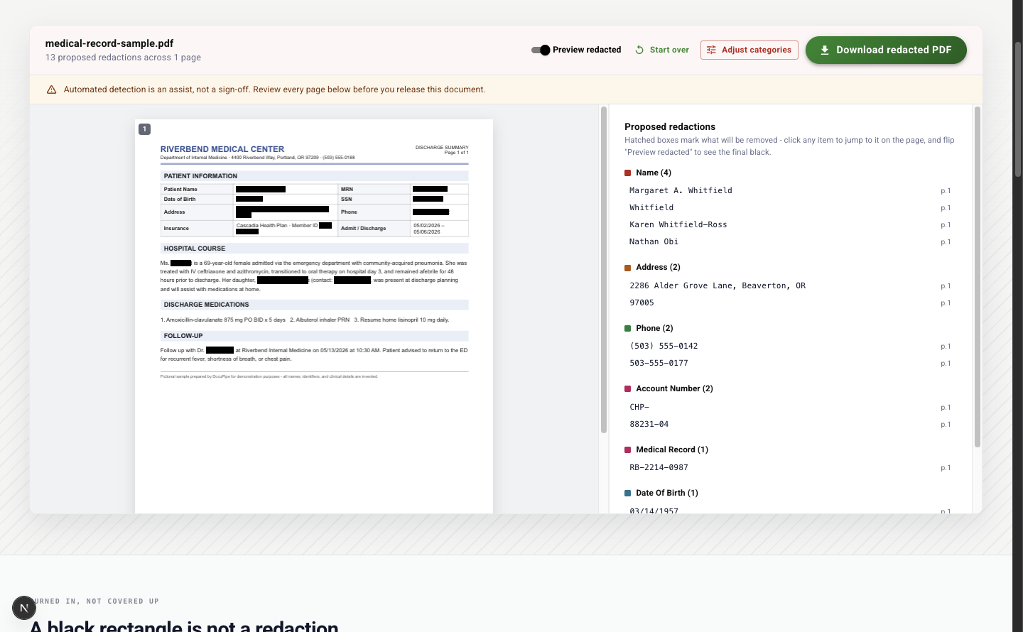 The same page with the "Preview redacted" toggle on: every proposed redaction rendered as a solid black box, exactly as it will appear in the downloaded file