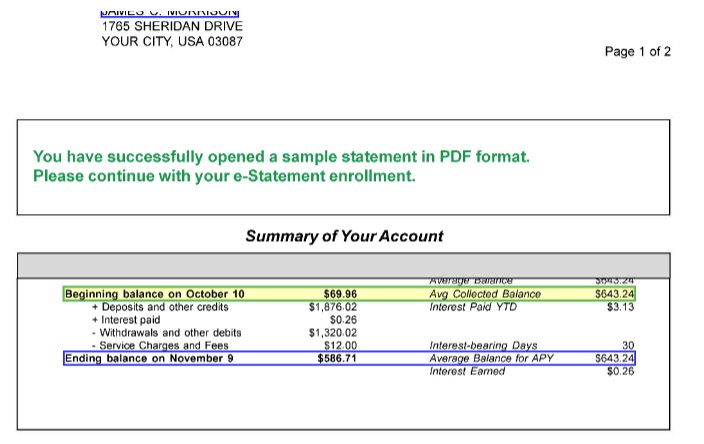 Bank statement with extracted fields highlighted