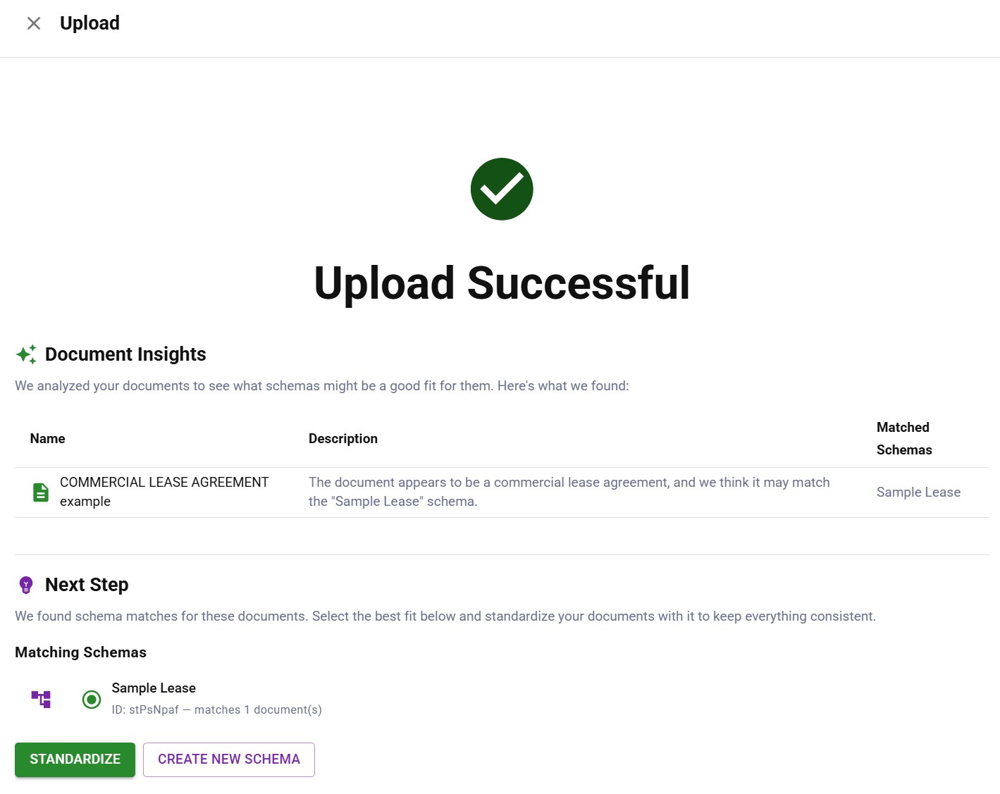 Document classification identifying a commercial lease agreement and matching it to a schema