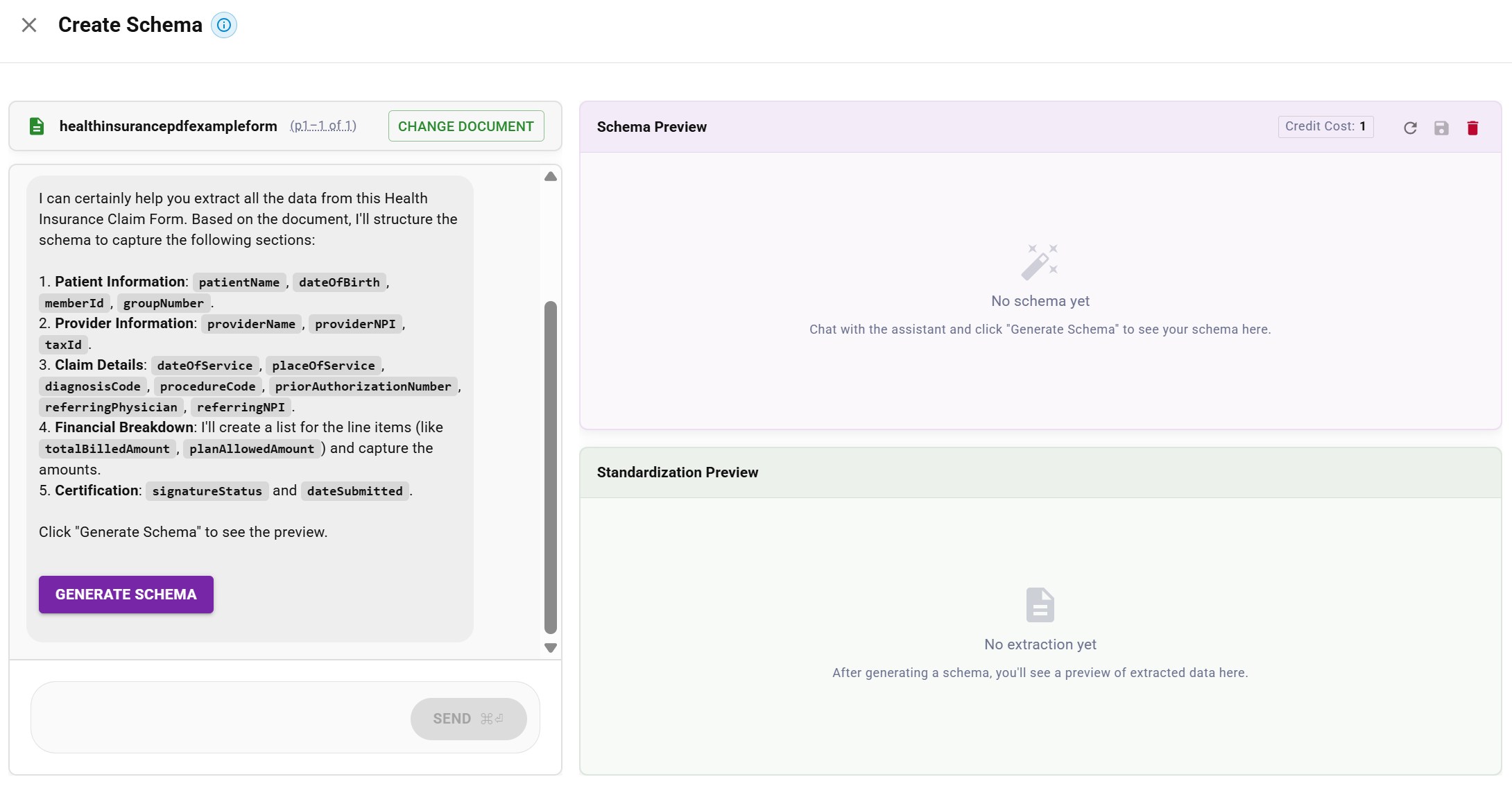 AI assistant proposing schema fields: patient info, provider info, claim details, financial breakdown
