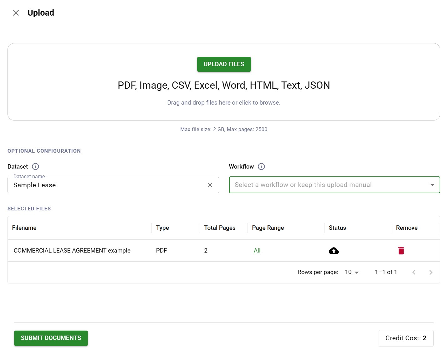 Document upload interface supporting PDF, image, CSV, Excel, and Word file formats