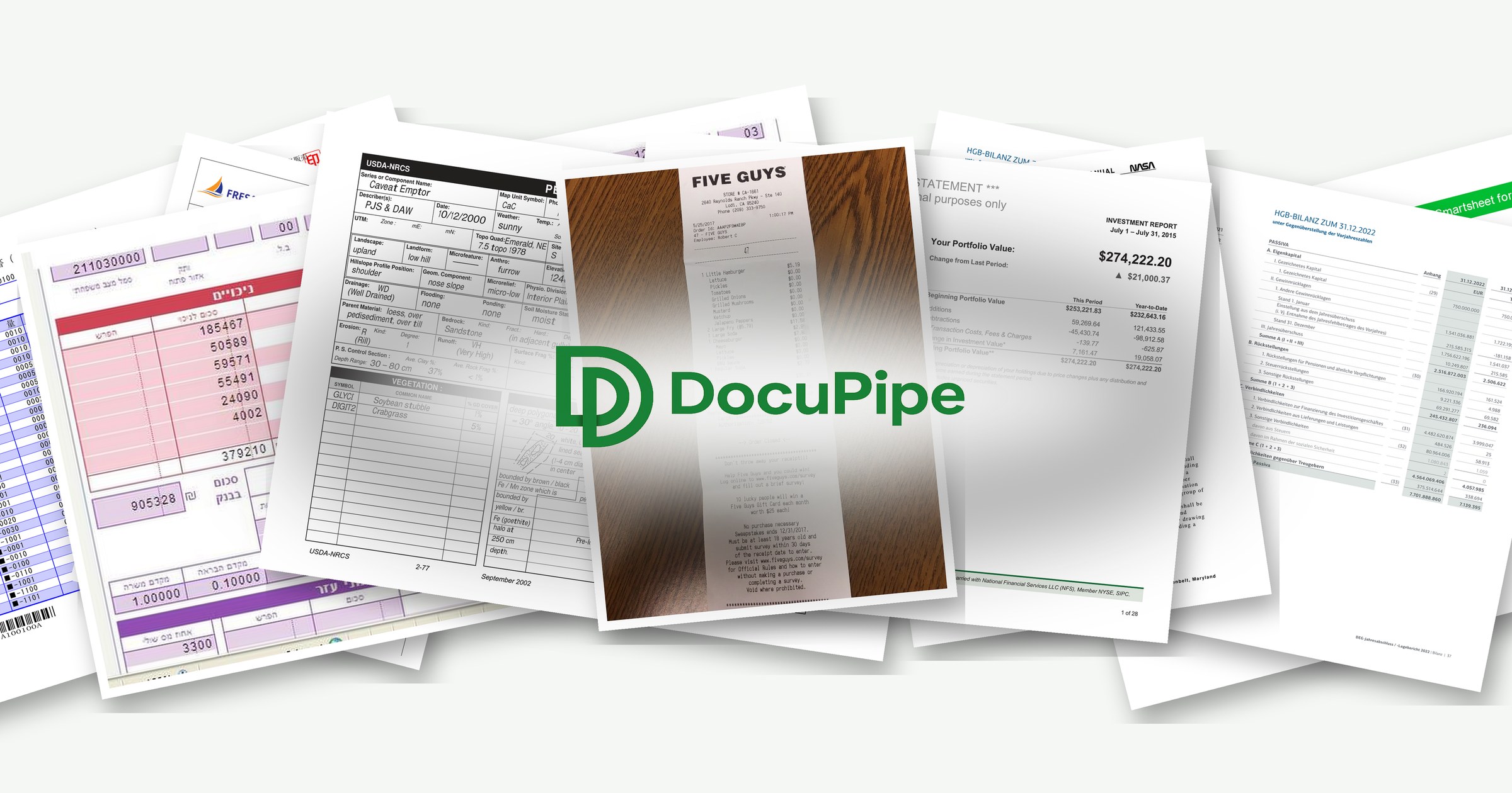 A fan of the actual benchmark documents (multilingual invoices, payslips, statements, an engineering drawing, and handwritten and scanned forms) with the DocuPipe logo overlaid in the center