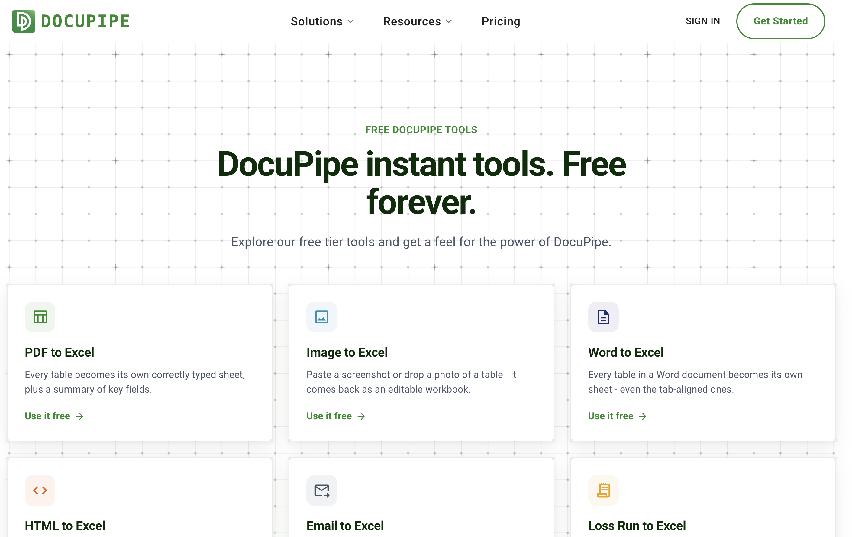 The free tools hub at www.docupipe.ai/tools: "DocuPipe instant tools. Free forever." above a grid of tool cards - PDF to Excel, Image to Excel, Word to Excel, HTML to Excel, Email to Excel, and more