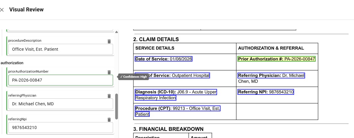 Healthcare claim form with extracted fields highlighted and corresponding structured data output