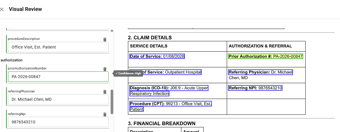 Healthcare claim form with extracted fields highlighted and corresponding structured data output