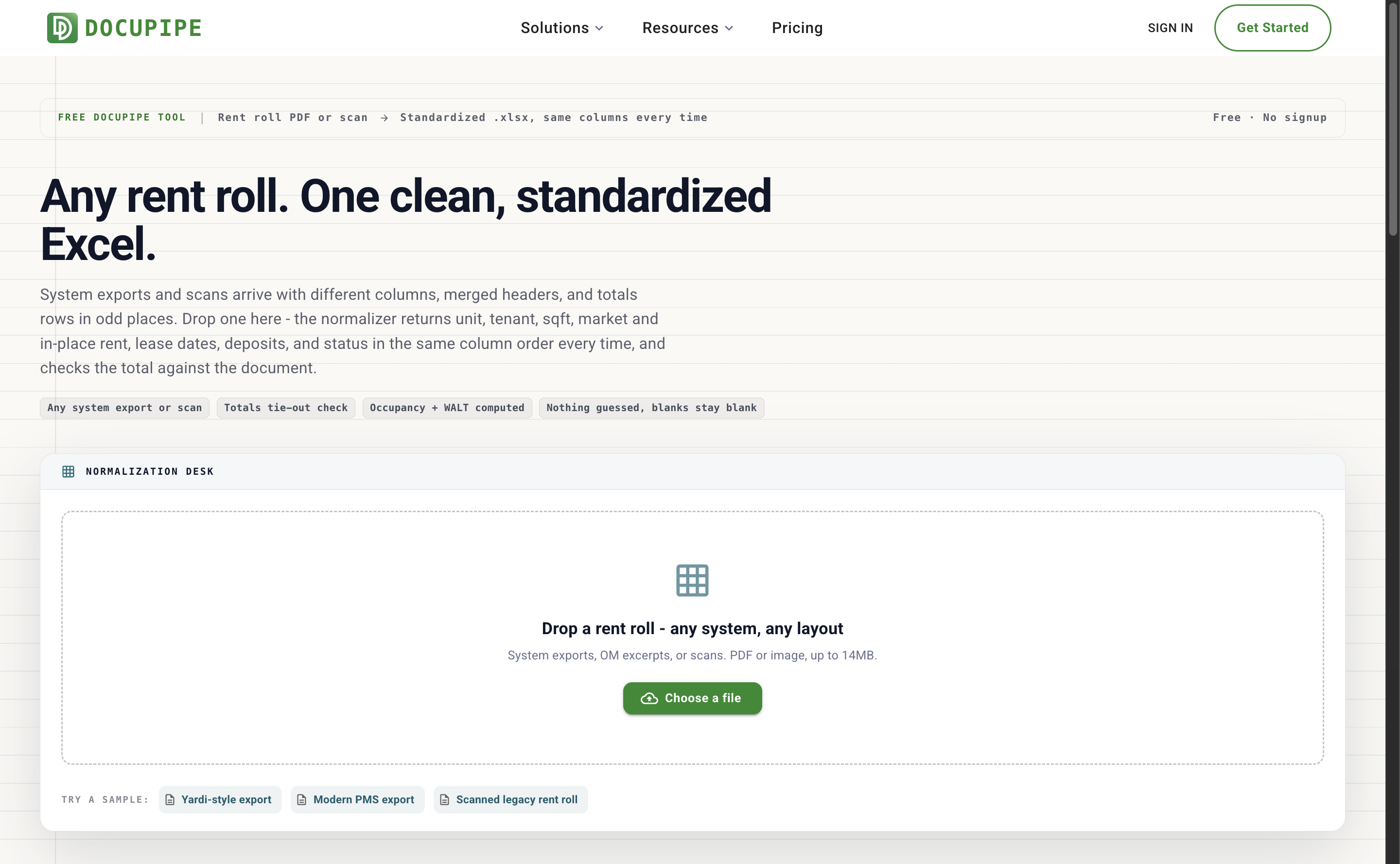 The Rent Roll Normalizer tool: a ledger-paper page with a single-file drop zone and sample chips for a Yardi-style export, a modern PMS export, and a scanned legacy rent roll