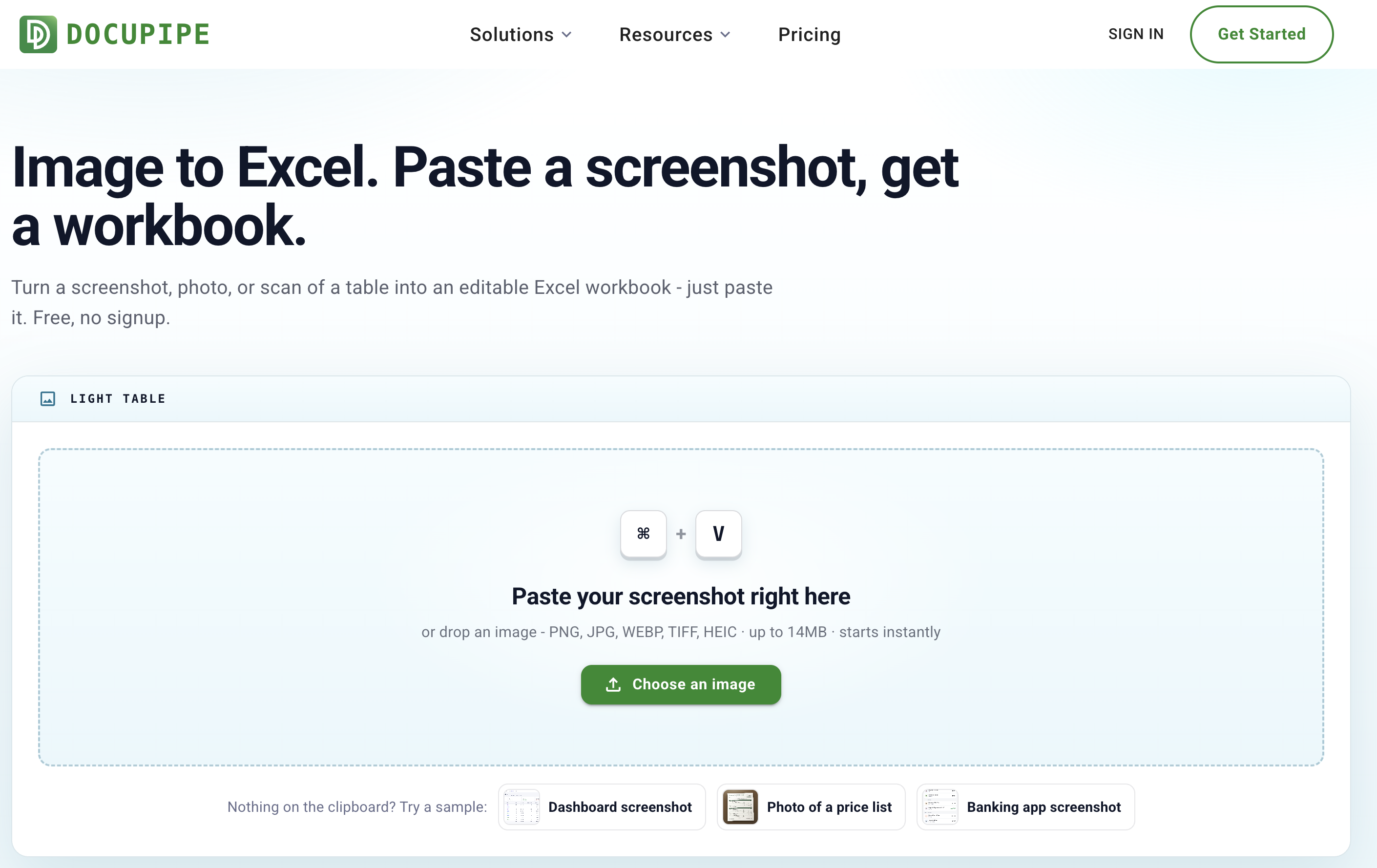The Image to Excel tool page: a paste-first card with Cmd+V keycaps reading "Paste your screenshot right here", with sample chips for a dashboard screenshot, a price list photo, and a banking app screenshot