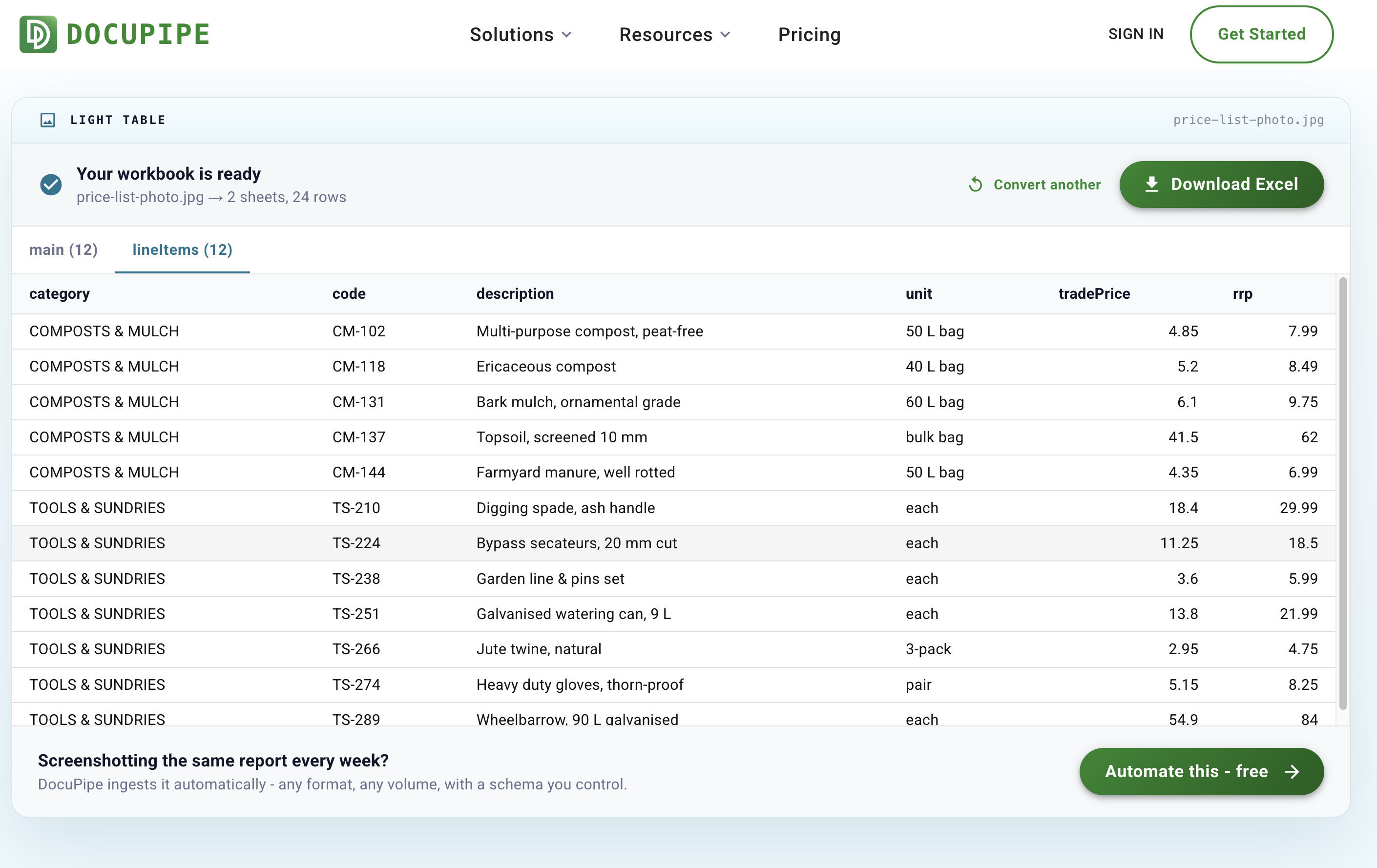 The result on the tool page: "Your workbook is ready - price-list-photo.jpg → 2 sheets, 24 rows", with a lineItems tab showing category, code, description, unit, tradePrice, and rrp columns as clean typed rows