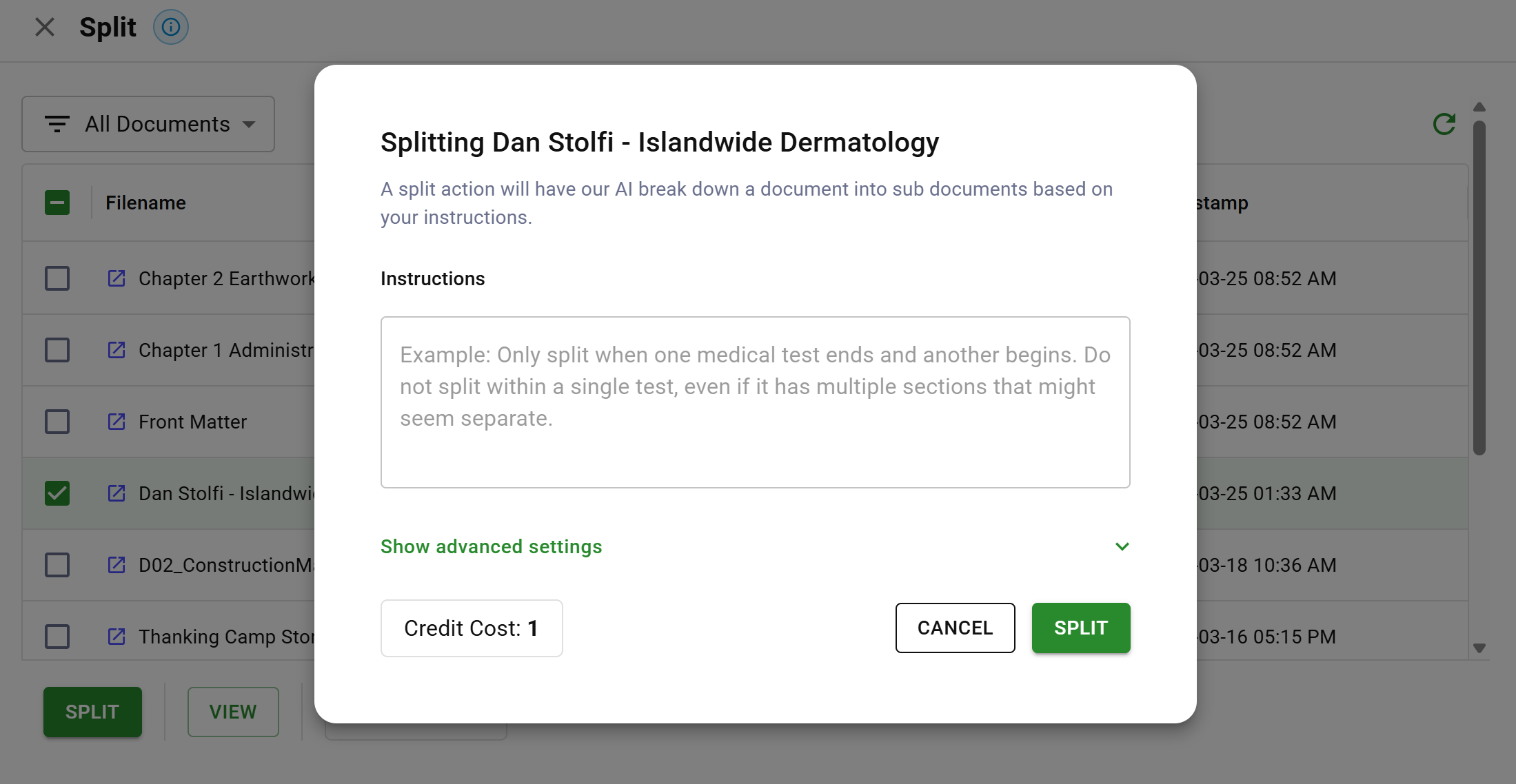 DocuPipe split interface showing AI-powered document decomposition with semantic instructions