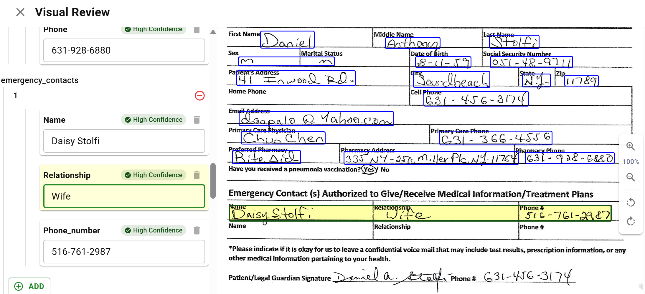 Handwriting extraction showing patient form with extracted values
