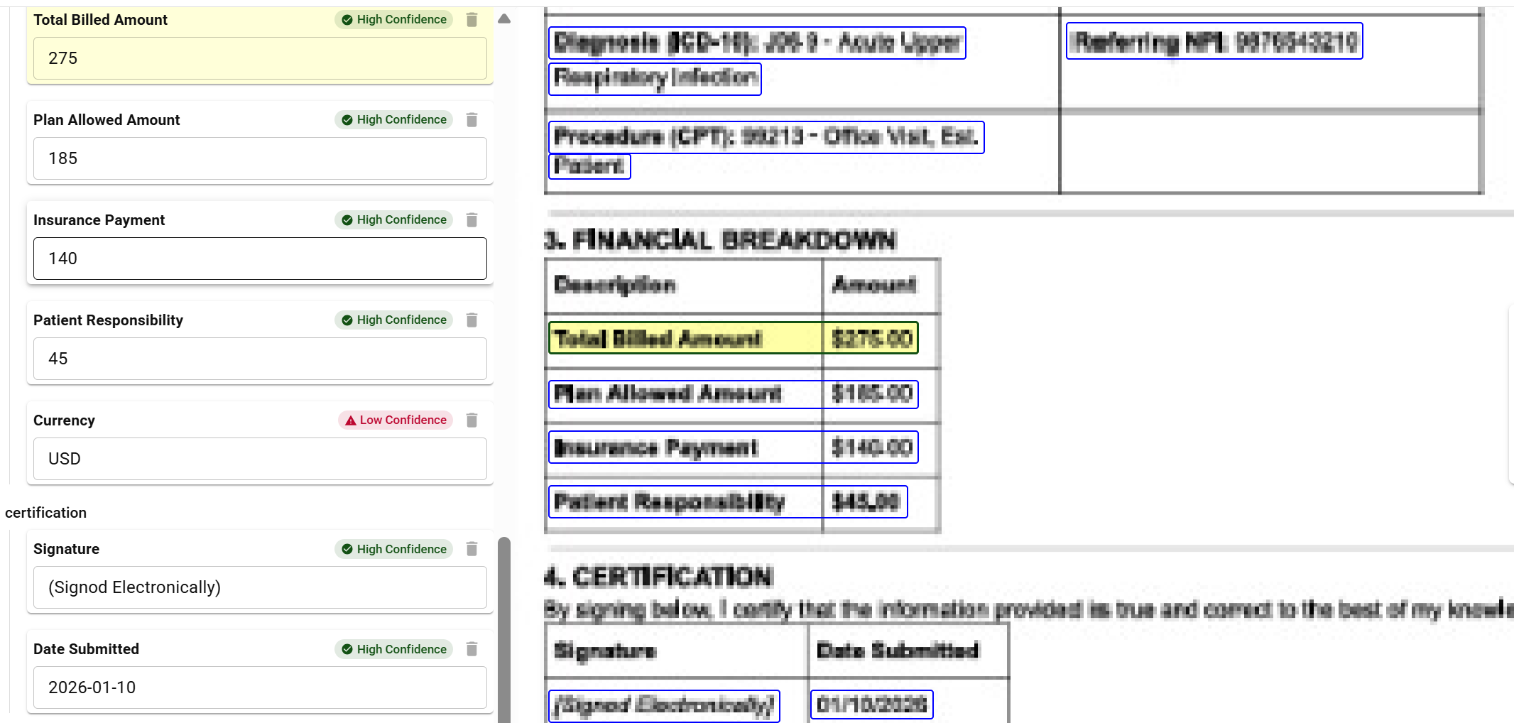 Document extraction showing mixed confidence levels - High and Low indicators for routing decisions