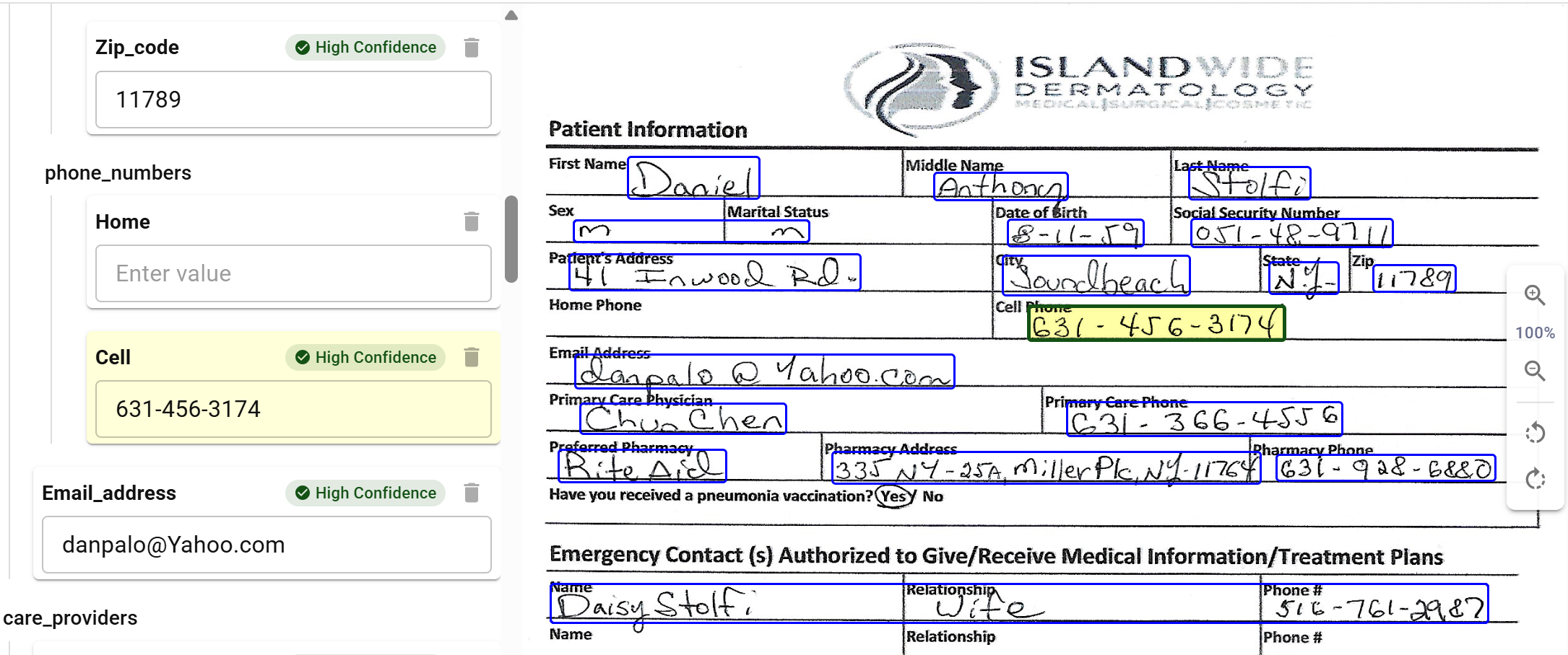 Visual review showing extracted fields with bounding boxes and confidence