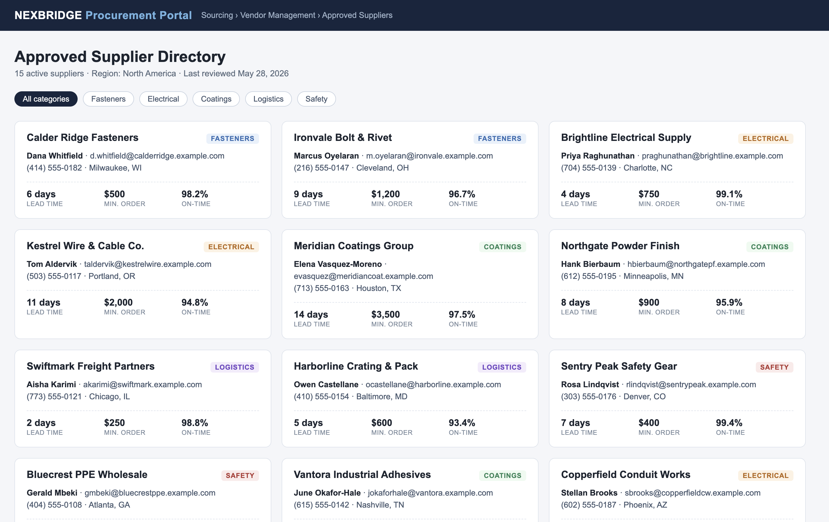 The raw input: a rendered webpage showing an approved supplier directory as a grid of cards - each with a company name, category tag, contact, and lead time, minimum order, and on-time stats