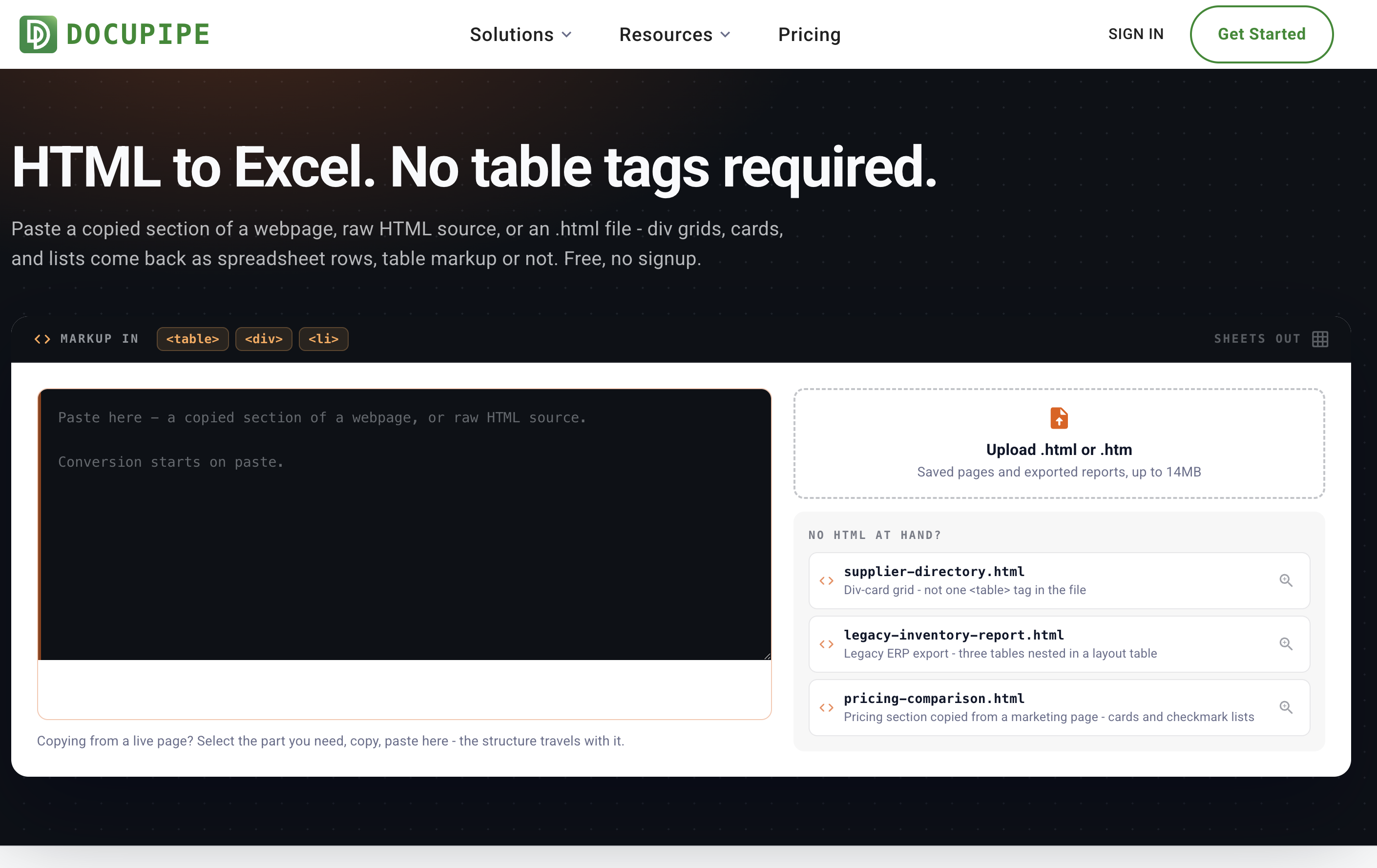 The HTML to Excel tool page: a dark code-editor intake with a paste box reading "Paste here - a copied section of a webpage, or raw HTML source", an upload slot for .html files, and three sample files