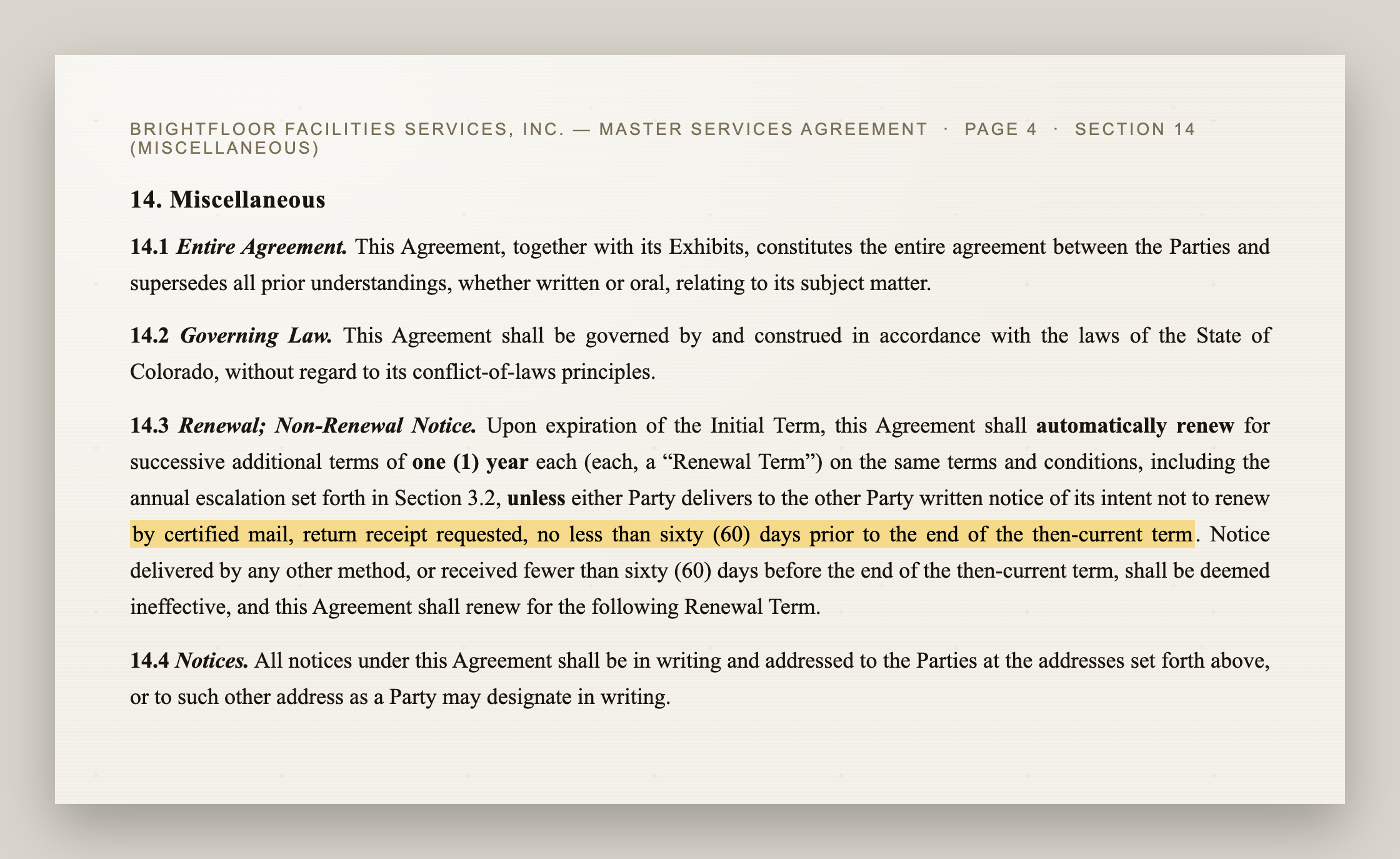 Section 14.3 of a master services agreement, headed "Renewal; Non-Renewal Notice." The paragraph states the agreement automatically renews for successive one-year terms unless a party gives notice, with the phrase "by certified mail, return receipt requested, no less than sixty (60) days prior to the end of the then-current term" highlighted