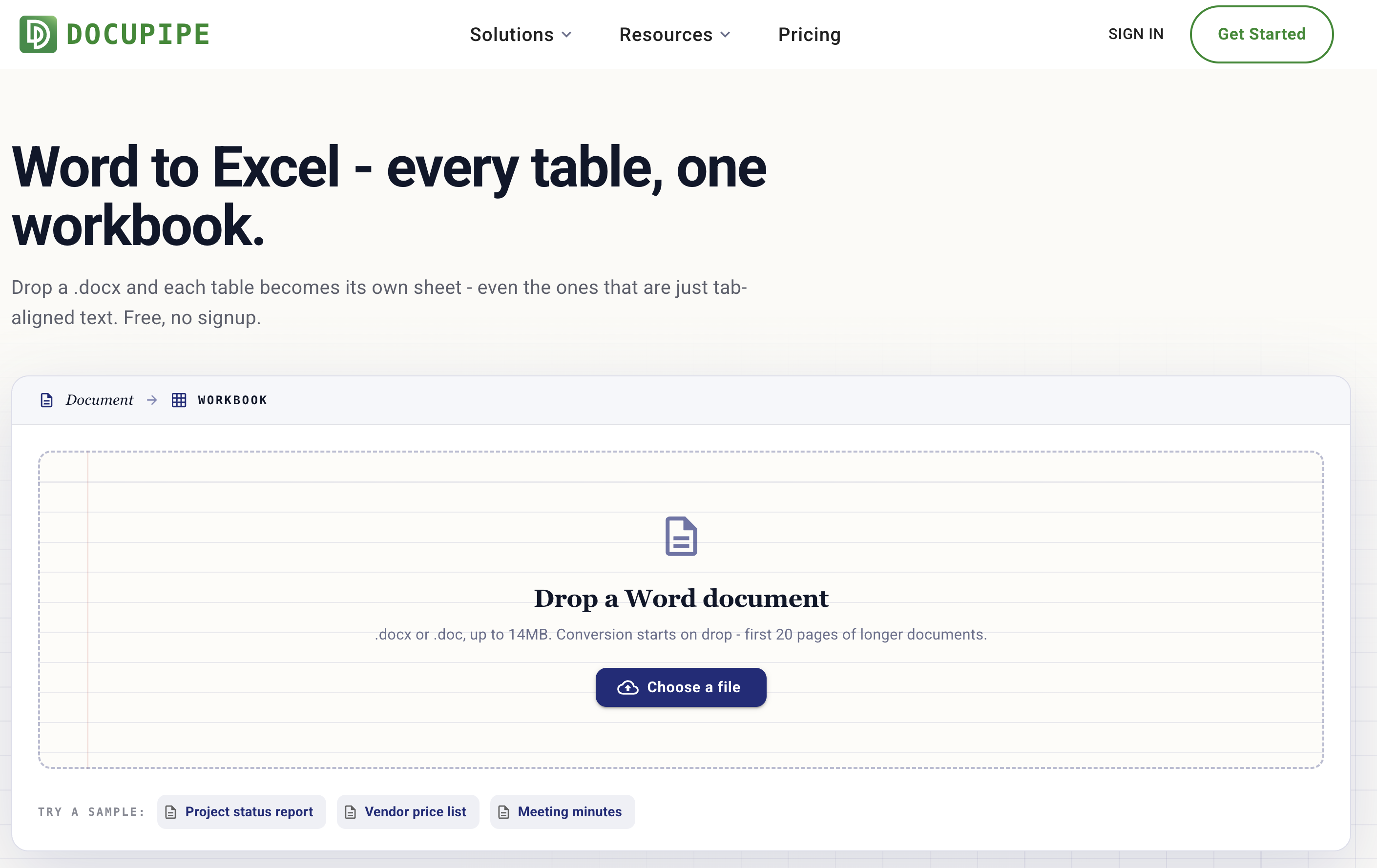 The Word to Excel tool page: a manuscript-styled dropzone reading "Drop a Word document" with sample chips for a project status report, a vendor price list, and meeting minutes