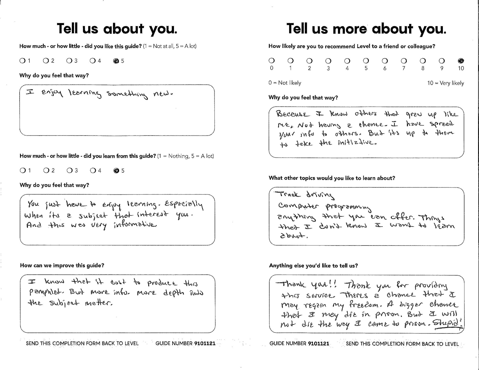 A returned Completion Form: rating scales, a 0-to-10 recommend score, and free-text feedback, all handwritten.
