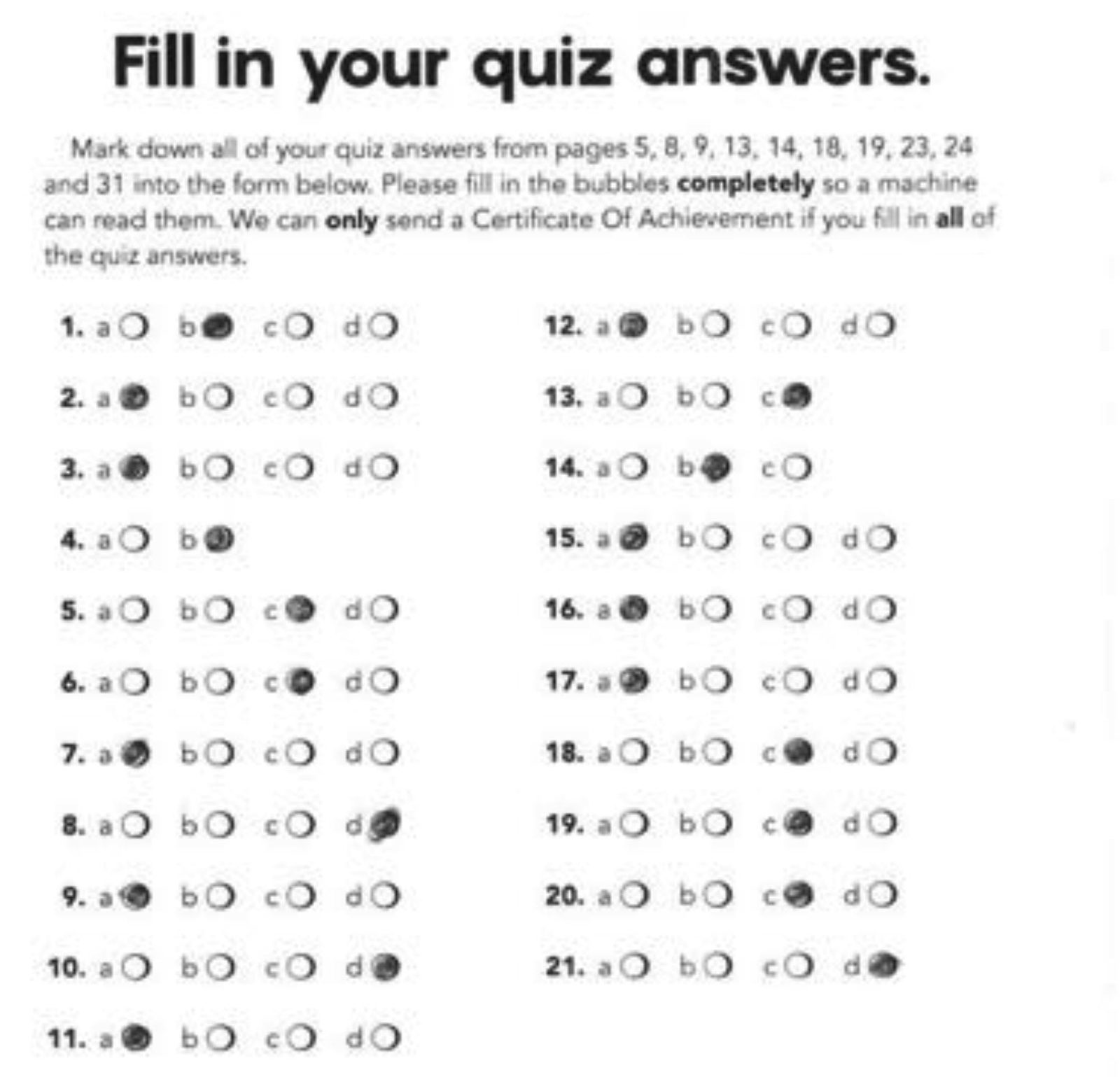Quiz answers come back as bubble grids, filled in by hand and read straight into structured fields.