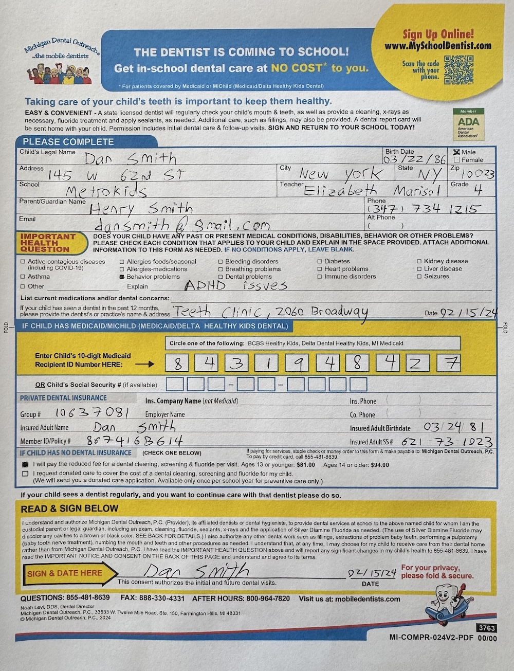 Sample consent form with fictitious data — no real patient information shown.