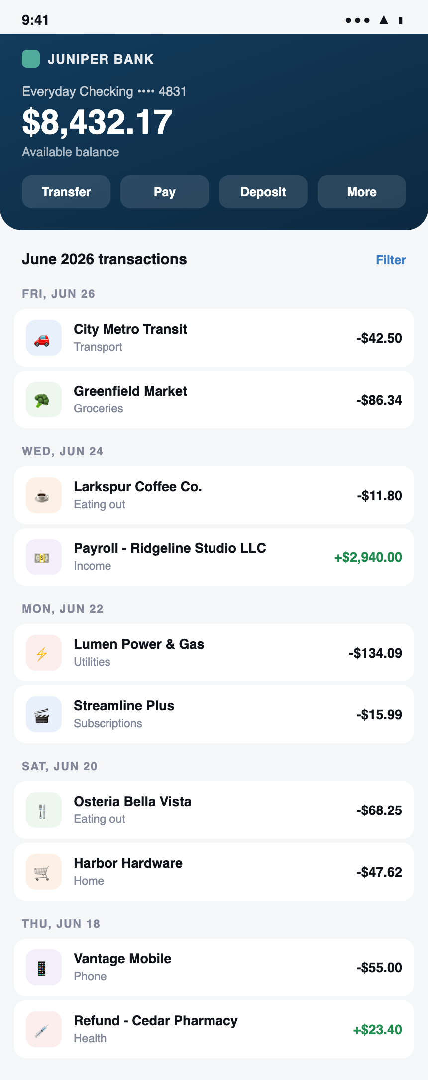 Mobile banking app screenshot - balance plus a month of transactions