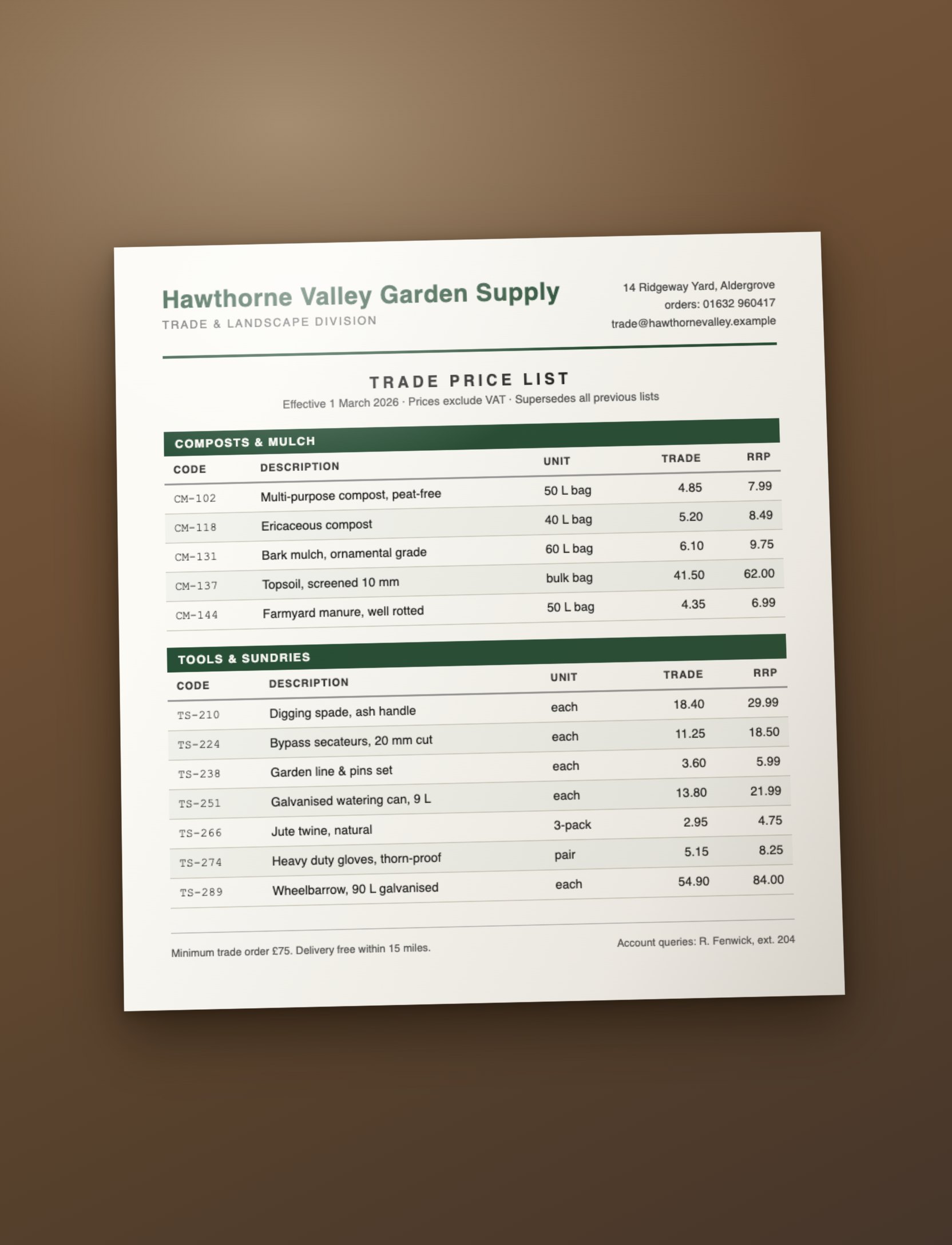 Phone photo of a printed trade price list - tilted, unevenly lit