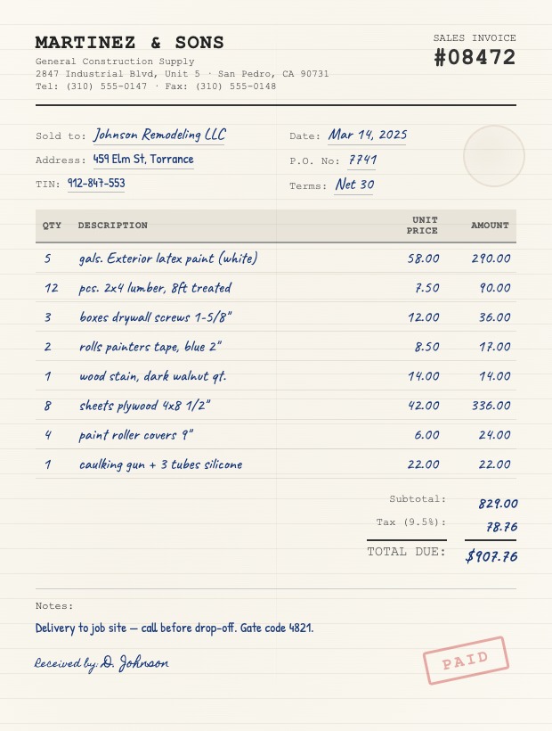 Handwritten sales invoice